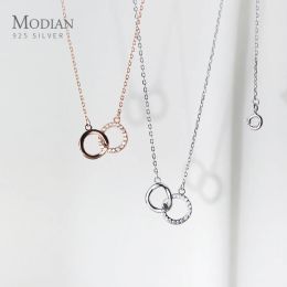 Pendants Modian Simple Vintage Clear CZ Geometric Round Interlock 925 Sterling Silver Pendant for Women Link Chain Necklace Fine Jewellery