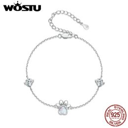 Bangles WOSTU 925 Sterling Silver Cut White Opal Cat Dog Paw Charm Bracelet For Women Lovely Girl Animal Chain Links Fine Jewelry Gift