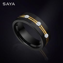 Rings 8MM Black Rings for Men Tungsten With Cubic Zirconia Wedding Fashion Personalised Jewellery,Customized Engraving,Free Shipping