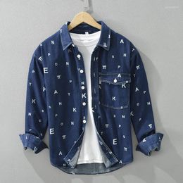 Mens Casual Shirts Fashion Letter Print Long Sleeve Denim Shirt For Men Pure Cotton Cowboy Tops Clothing Male Button Up