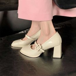 Women Dress Shoess Pink Patent Leather Round Toe with Mary Jane Shoes New Belt Buckle Shallow Mouth Thick High Heel Single Shoe