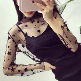 Women's T Shirts Fashion Black Sexy Women Long Sleeve See Through Mesh Sheer Party Clubwear Night Shirt Tops Lace