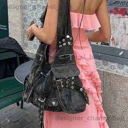 Totes vintage Multiple pockets denim women shoulder bags punk wide strap lady handbags retro Underarm Bags Female purses 2023 T240220