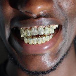Trendy Iced Out Zircon Teeth Hat Top and Bottom Set for Mens Bling Pay CZ Grills Teeth Hip Hop Jewelry Role Playing Party 240220