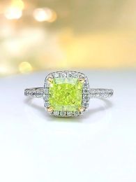 Rings Light Luxury Princess Square Olive Green 925 Silver Ring Inlaid with High Carbon Diamond Crushed Ice Cut Simplicity