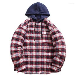 Men's Casual Shirts Winter Warm Plaid With Hood Cotton Padded Thick Thermal Shirt Fashion Tops Outerwear For Male