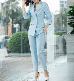 New Light Blue Women Suits Lady Formal Business Office Tuxedos Mother Wedding Party Special Occasions Ladies Two-Piece Set Jacket Pants A29