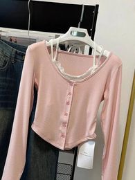 Women's T Shirts Pink T-shirts Women Fashion Korean Spring Soft Slim Sweet College Cropped Tops Spliced Designed 2024 Arrival Daily Casual
