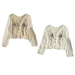 Women's Tanks Women Hollow Crochet Stitching Crop Top Cardigan Puff Long Sleeve V-Neck Button Floral Embroidery Sweater Shirts 10CF