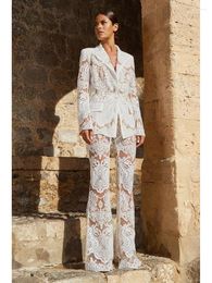 Women's Two Piece Pants HIGH STREET Est 2024 Designer Runway Suit Set Single Button Guipure Lace Sequined Blazer