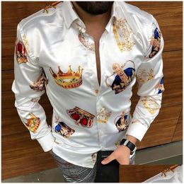 Men'S Dress Shirts Mens Luxury Crown Printed Shirt Men 2021 Autumn Long Sleeve Slim Casual Streetwear Social Party Clothes Camisa Ma Dhd0J