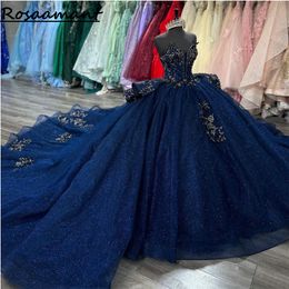 Navy Blue Strapless Ruffles Ball Gown Quinceanera Dresses Sleeveless Gold Appliques Lace Corset Vestidos De 15 Anos