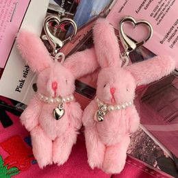 Keychains Y2K Handmade Pink White Keychain Love Heart Beaded Key Ring Plush Doll Backpack Pendant Kawaii Jewellery Gifts