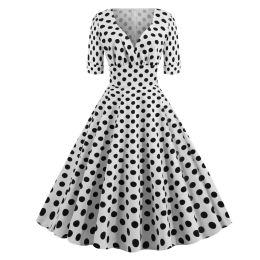 Dresses 50s 60s Wrap Polka Dot Dresses Retro Style High Waist Sexy VNeck Women Spring Yellow Midi Elegant Party Cotton Vintage Dress