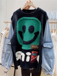 Women's Sweaters Wholesale Patchwork Winter For Women Clothes Loose Top Long Sleeve Graphics Knitting Green Black Pullovers Streetwear