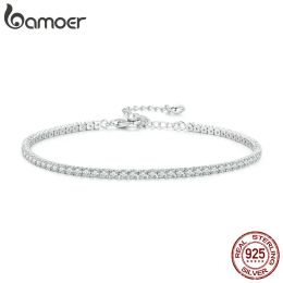 Bangles BAMOER 925 Sterling Silver Women Adjustable Tennis Bracelet Platinum Plated Clear 3mm Cubic Zirconia Classic Tennis Bracelet