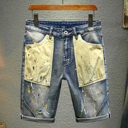 Men's Shorts Mens retro denim shorts patch work fashionable spray paint elastic straight personality mens street hip-hop jeans shorts J240219