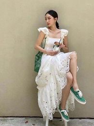 Casual Dresses GkyocQ Summer Women White Flying Sleeve Square Neck Solid Hollow Vestidos A-line French Retro Female Clothing