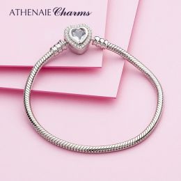 Bangles ATHENAIE Authentic 100% 925 Sterling Silver Snake Chain Bangle & Bracelet with CZ Love Heart Clasp Charms Bracelets for Women