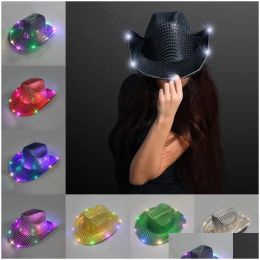 Led Party Hats Festival Flashing Light Up Sequin Cowboy Cowgirl Christmas New Year Cosplay Luminous Caps Drop Delivery Home Garden Fes Dhyms