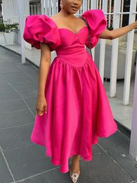 Party Dresses Classy A Line For Women Sweetheart Neck Puff Sleeves Backless Pleated Midi Dress Summer Elegant Sweet Casual Wear