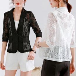 Women's Suits S-6XL Women Blazer Jacket Lace Mesh Short Thin Three Quarter Sleeve Slim Spring Summer Autumn Casual Office Work Plus Size