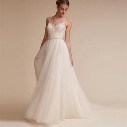 Stunningbride 2024 New Hot Lace V-Neck Simple Wedding Gowns Beaded A-Line Custom Made Vintage Sexy Back Tulle Bridal Gowns Appliques