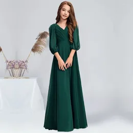 Girl Dresses A-line V-Neck Floor-Length Chiffon Junior Bridesmaid Dress With Pleated Dark Green Flower Communion For Juniors