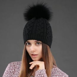 Berets Cntang 2021 Women Double Layer Knitted Hats Winter Warm Beanies Wool Hat with Pompom Natural Fur Raccoon Fashion Female Cap