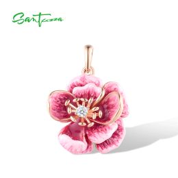 Pendants SANTUZZA 925 Sterling Silver Pendant for Women White CZ Pink Enamel Flower Sweet Party Wedding Gift Trendy Fine Jewellery