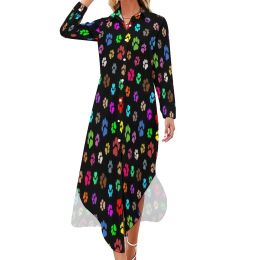 Dresses Colourful Dog Pow Chiffon Dress Multicoloured Paws Print Elegant Dresses Aesthetic Casual Dress Female Sexy Graphic Clothing 6XL