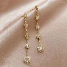 Dangle Earrings Korean Luxury Gold Color Long Tassel Stud For Women Fashion Zircon Flower Earring Jewelry 2024 Trend Wholesale