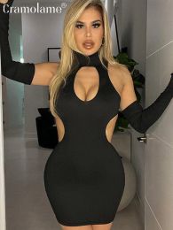 Dresses Sexy Hollow Out Black Bodycon Mini Dress Women Cut Out Home Party Club Birthday Tight Short Tanks Dresses 2023 Summer Sundress