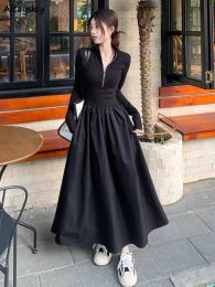 Dresses Black Long Dresses Women Simple Zipper Autumn Defined Waist Aline Stylish French Style Elegant High Street Feminine Vestidos