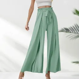 Women's Pants Women Fashion Bow Belted Pant Casual Loose High Waist Pleated Wide Leg Trousers Office Lady Elastic With Pocket