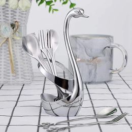 Dinnerware Sets Big Deal 1Set Stainless Steel Set Swan Base Holder With Forks And Spoons For Coffee Dessert Stir Cake