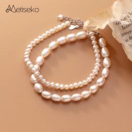 Bangles Metiseko Natural Freshwater Pearls Bracelets 925 Sterling Silver Chain Simple Elegant Matching Easily for Women Party Engagement