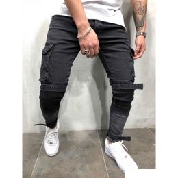 Men'S Jeans Mens Black Denim Slim Fit Male Skinny Pencil Pants Casual Cargo Trousers With Pockets Straps Drop Delivery Apparel Clothi Dh874