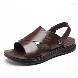 Sandals Genuine Leather Men's Summer Lightweight Soft Bottom Beach Shoes Outdoor Walking Non-Slip Male Slippers Slides Plus Size