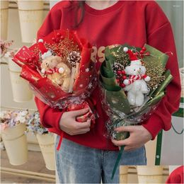 装飾的な花の花輪クリエイティブな人工クリスマスハンドブーケのかわいいクマの人形を照明付きの弦をクリスマスヴァレdhqzpのためにセット