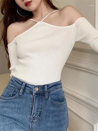 Women's Tanks Autumn Off Shoulder Top Slim Long Sleeved Knitted Sweater Camis Sheer Charm Gentle Style Romantic Elegant Soft MD94