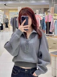 Women's Hoodies 2024 Autumn Short Gray Casual Sweater Women High Grade Sense Stand-up Collar And Semi Zipper Coat INS Tide