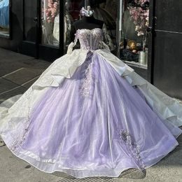 Lilac Shiny Quinceanera Dresses Sweetheart Applique Lace Tulle Off the Shoulder Girls Birthday Princess 16 Party Prom Gowns vestidos de 15