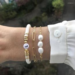 Charm Bracelets ZG Bracelet For Lovers Trending Products Creative Asymmetric Soft Pottery Letter Chain Pearl Three-piece Couple Bangle