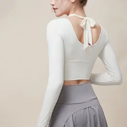 Active Shirts Hanging Neck Yoga Sport Padded Tops Women Sexy Mesh Long Sleeve Fitness Slim Crop Top Gym Workout Clothing