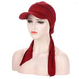 Ethnic Clothing Winde Band Brim Cap Sun Visor Hat Women Pre-Tied Bonnet Muslim Hijab Pull On Ready Made Head Scarf Wrap Hair Loss Headwear