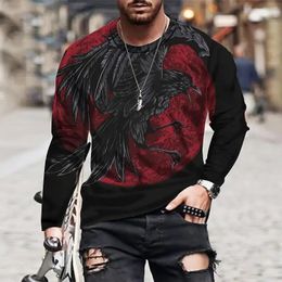 Animal Crow Vintage 3D Print Summer Mens Round Neck Tshirt Casual Long Sleeve Oversized T Shirt Fashion Pullover Men Clothing 240219