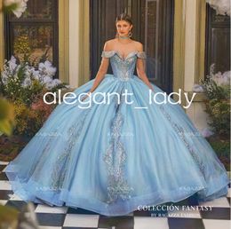 Sky Blue Princess Quinceanera Dresses Sparkly Off Shoulder Crystal Applique Corset Long Sleeve robe quinceanera 2024 Sweet 15