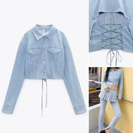 Women's Blouses Fall 2024 Back Tie Cord Trim Metal Button Closure Cropped Denim Shirt 6929201