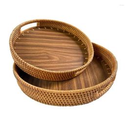 Plates 2 Pcs Woven Trays With Handles Wicker Service Baskets Round Rattan For Bread Fruits Vegetables Dressing Etc CNIM Ho